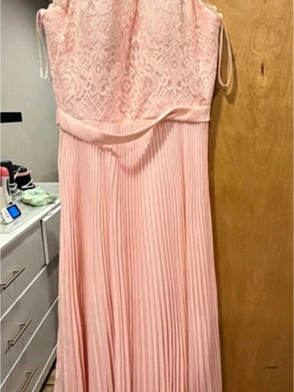 Baby Pink Lace Pleated Maxi Dress Pink Small